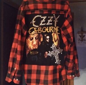 upcycled bleached flannel shirt w/ custom OZZY OSBOURNE back patch